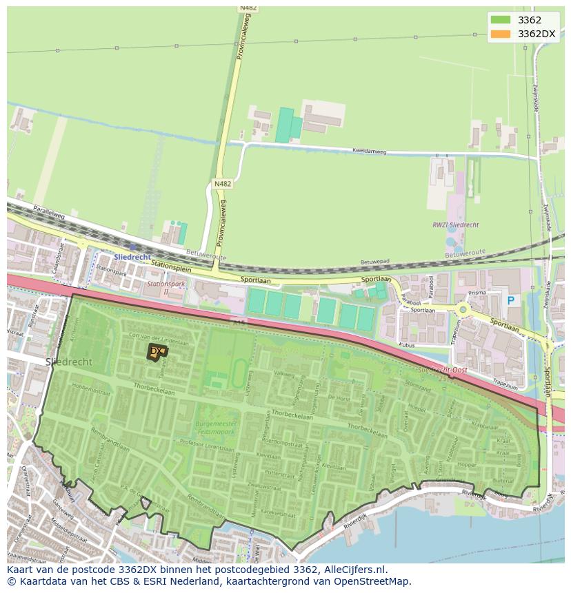 Afbeelding van het postcodegebied 3362 DX op de kaart.