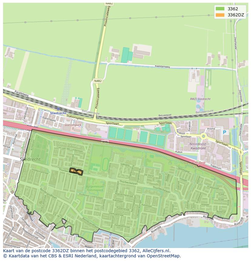 Afbeelding van het postcodegebied 3362 DZ op de kaart.