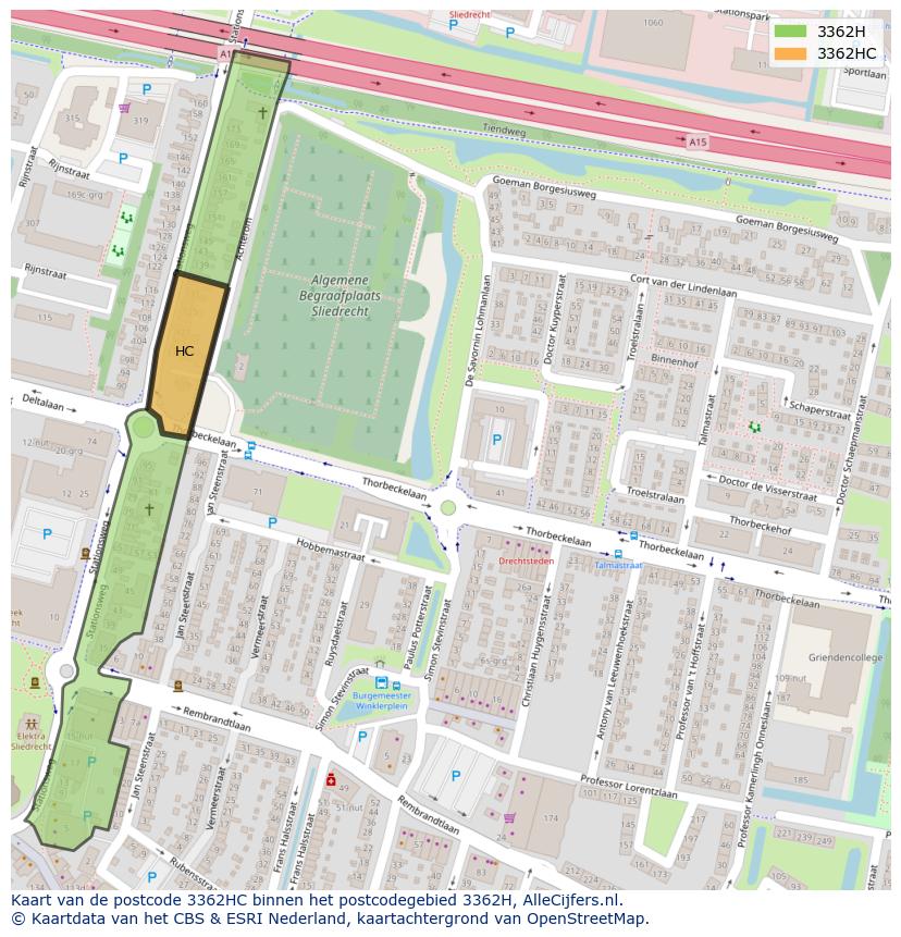 Afbeelding van het postcodegebied 3362 HC op de kaart.