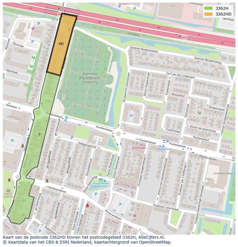 Afbeelding van het postcodegebied 3362 HD op de kaart.
