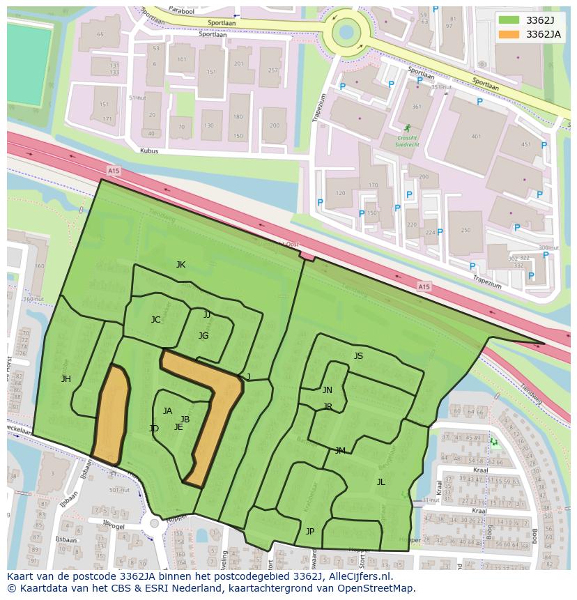 Afbeelding van het postcodegebied 3362 JA op de kaart.