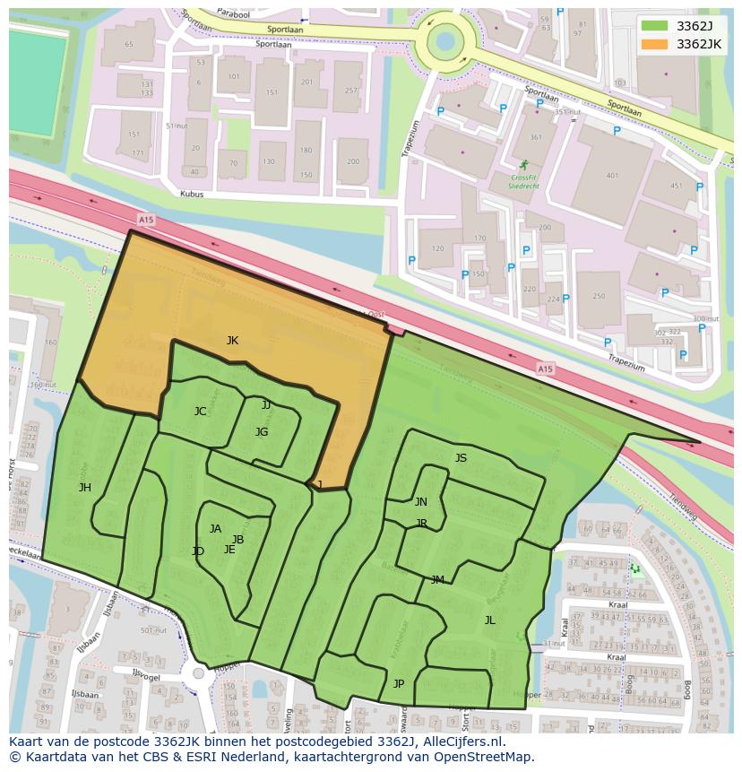 Afbeelding van het postcodegebied 3362 JK op de kaart.