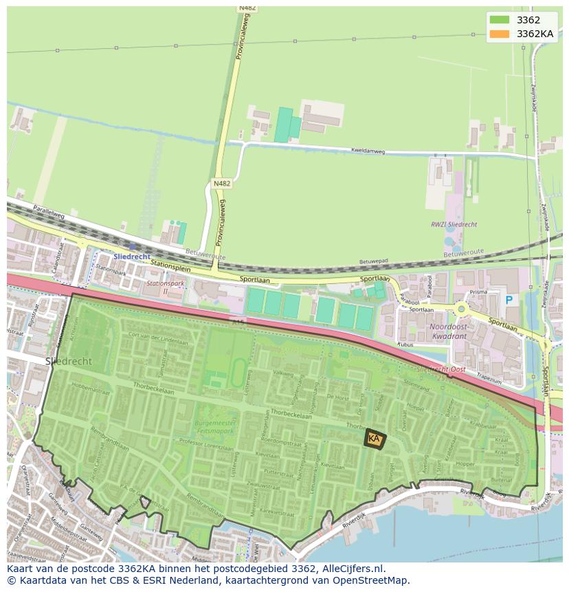 Afbeelding van het postcodegebied 3362 KA op de kaart.