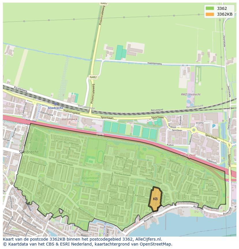 Afbeelding van het postcodegebied 3362 KB op de kaart.