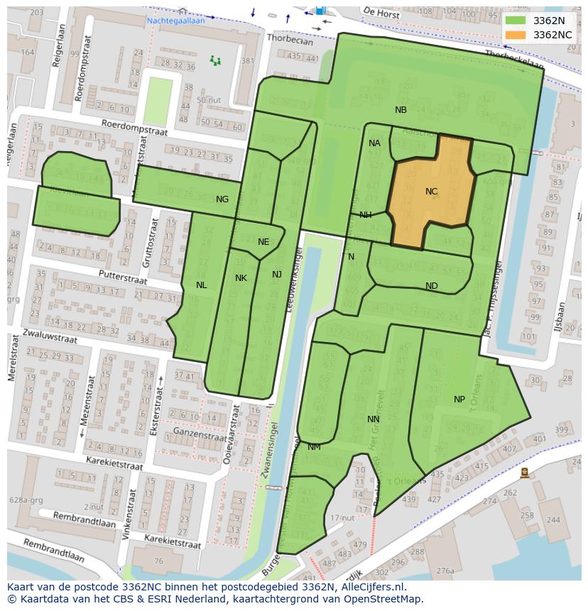 Afbeelding van het postcodegebied 3362 NC op de kaart.