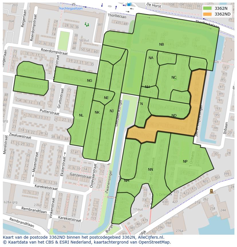 Afbeelding van het postcodegebied 3362 ND op de kaart.
