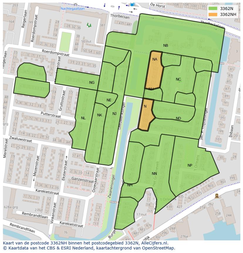 Afbeelding van het postcodegebied 3362 NH op de kaart.