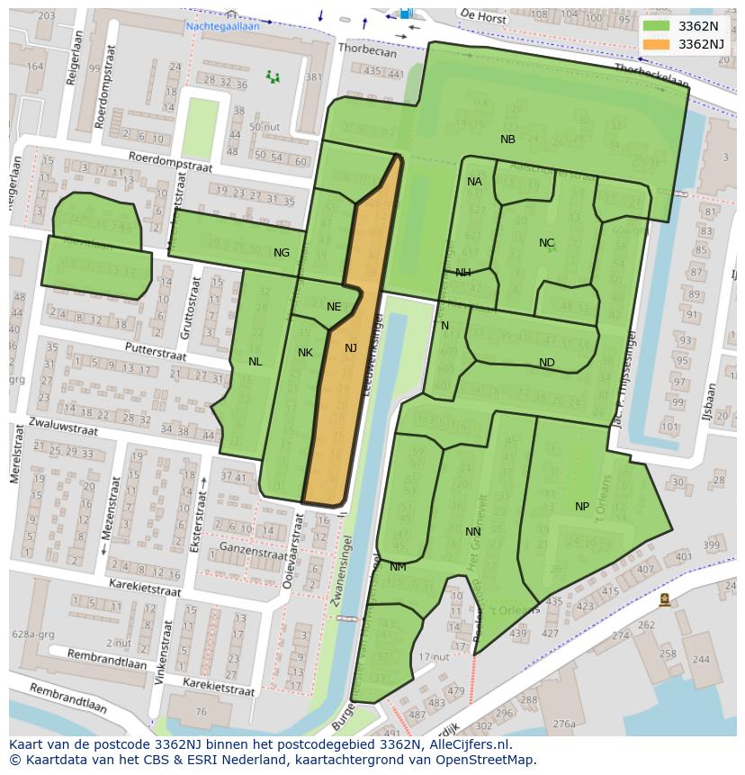 Afbeelding van het postcodegebied 3362 NJ op de kaart.