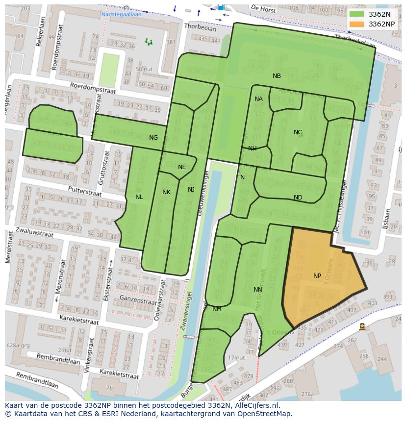 Afbeelding van het postcodegebied 3362 NP op de kaart.