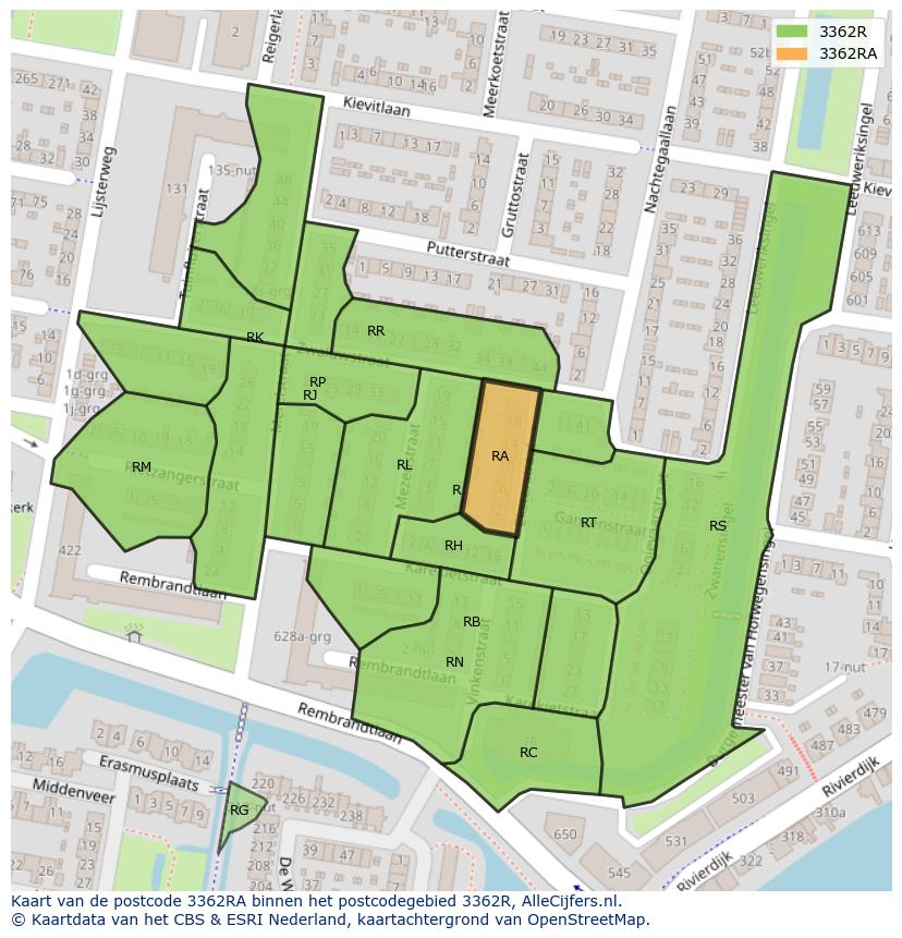 Afbeelding van het postcodegebied 3362 RA op de kaart.