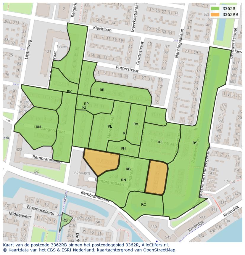 Afbeelding van het postcodegebied 3362 RB op de kaart.