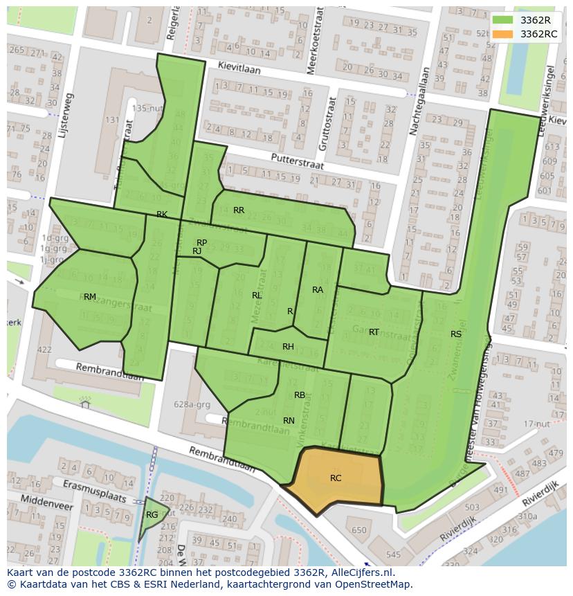Afbeelding van het postcodegebied 3362 RC op de kaart.