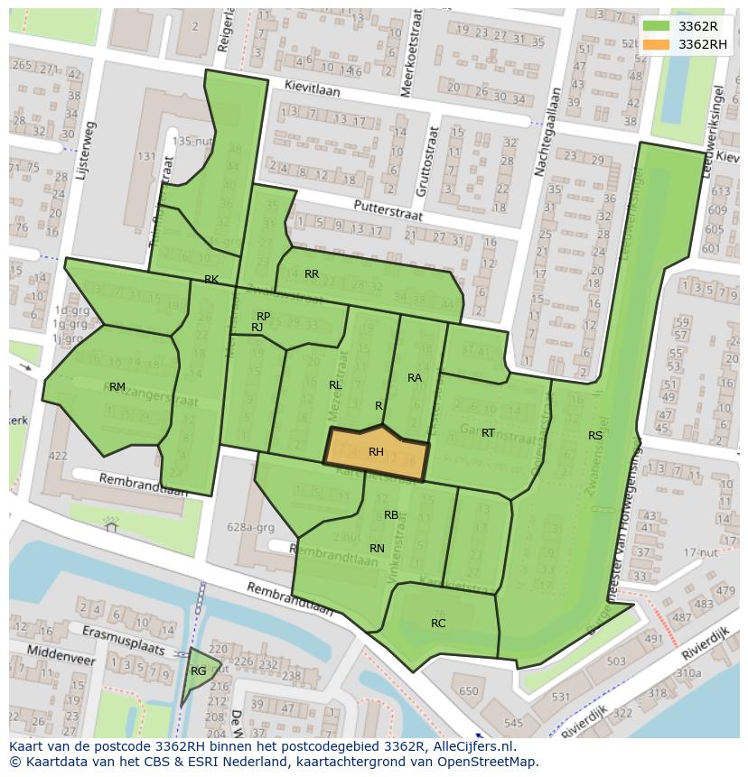 Afbeelding van het postcodegebied 3362 RH op de kaart.