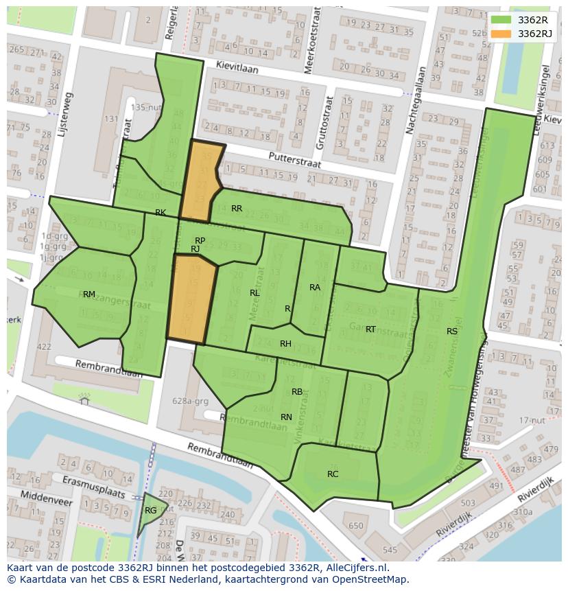 Afbeelding van het postcodegebied 3362 RJ op de kaart.