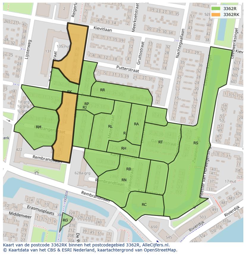 Afbeelding van het postcodegebied 3362 RK op de kaart.