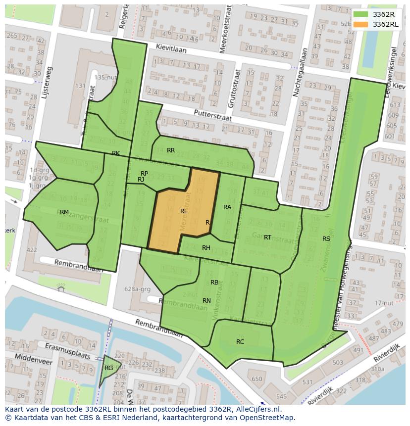 Afbeelding van het postcodegebied 3362 RL op de kaart.