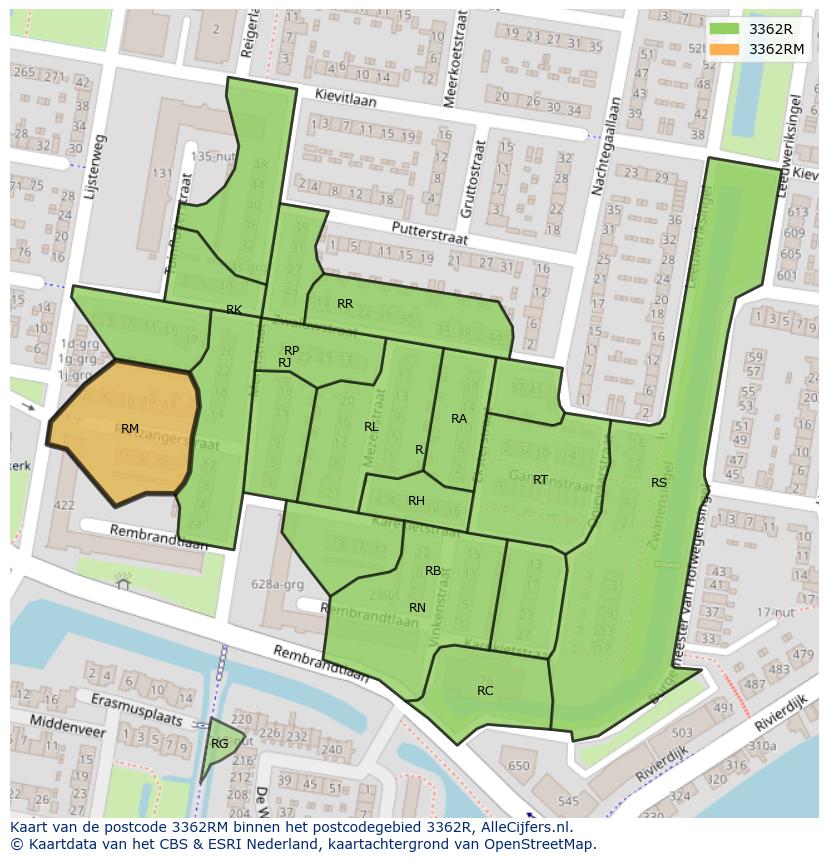 Afbeelding van het postcodegebied 3362 RM op de kaart.