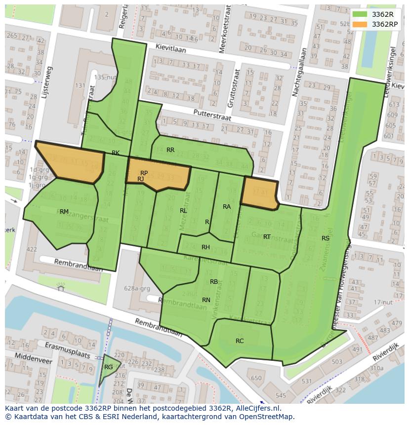 Afbeelding van het postcodegebied 3362 RP op de kaart.