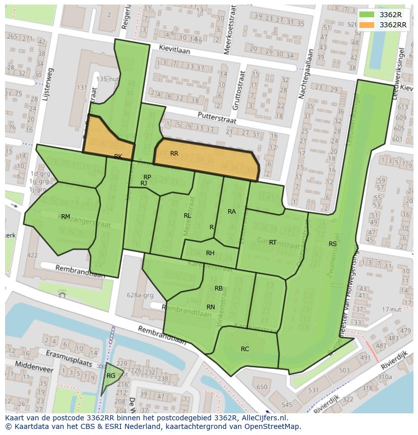 Afbeelding van het postcodegebied 3362 RR op de kaart.