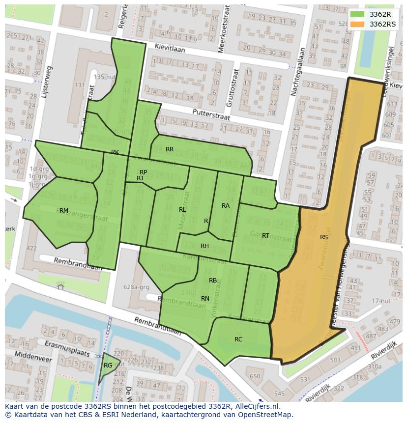 Afbeelding van het postcodegebied 3362 RS op de kaart.