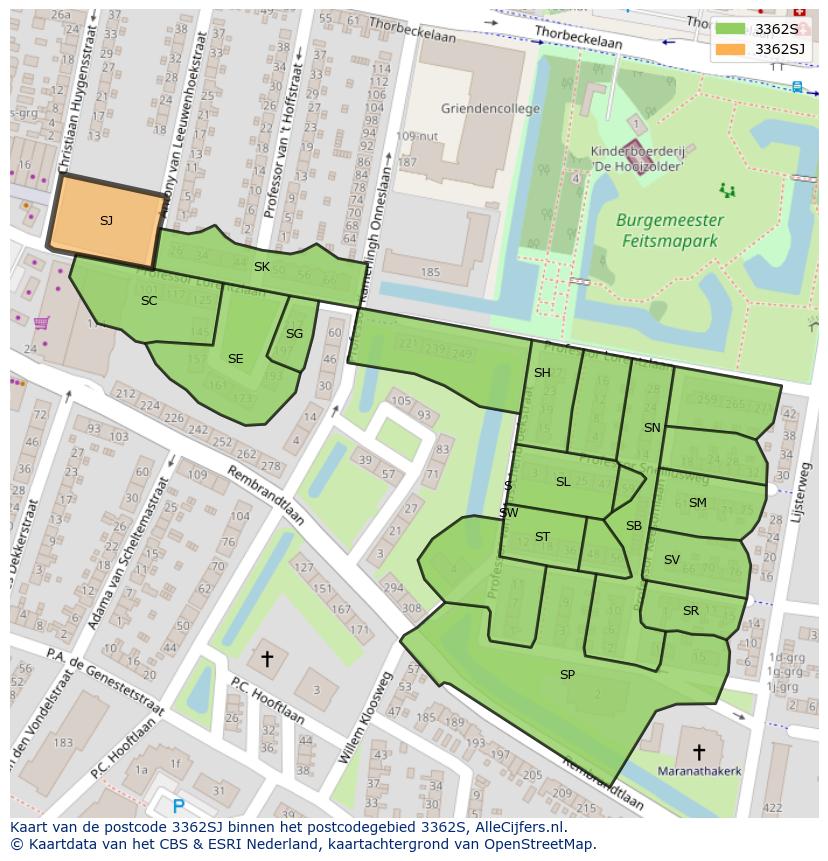 Afbeelding van het postcodegebied 3362 SJ op de kaart.