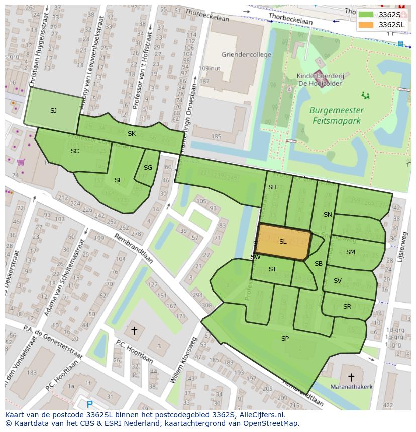 Afbeelding van het postcodegebied 3362 SL op de kaart.