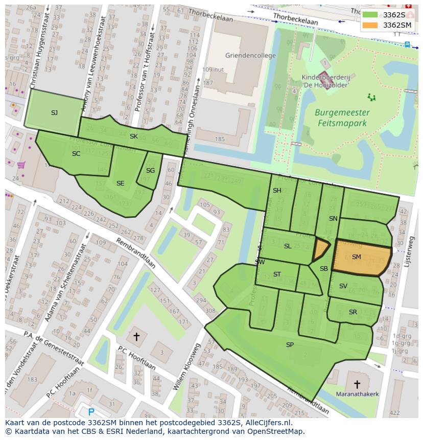 Afbeelding van het postcodegebied 3362 SM op de kaart.