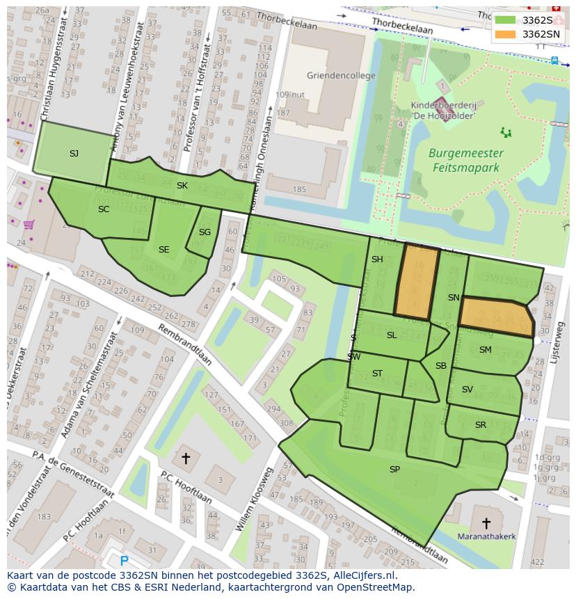 Afbeelding van het postcodegebied 3362 SN op de kaart.