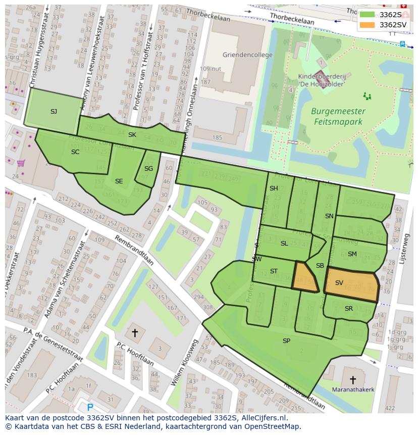 Afbeelding van het postcodegebied 3362 SV op de kaart.