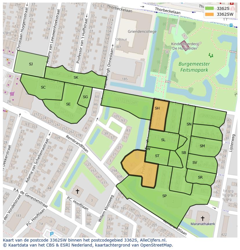 Afbeelding van het postcodegebied 3362 SW op de kaart.