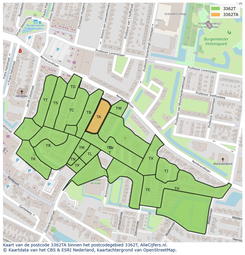 Afbeelding van het postcodegebied 3362 TA op de kaart.