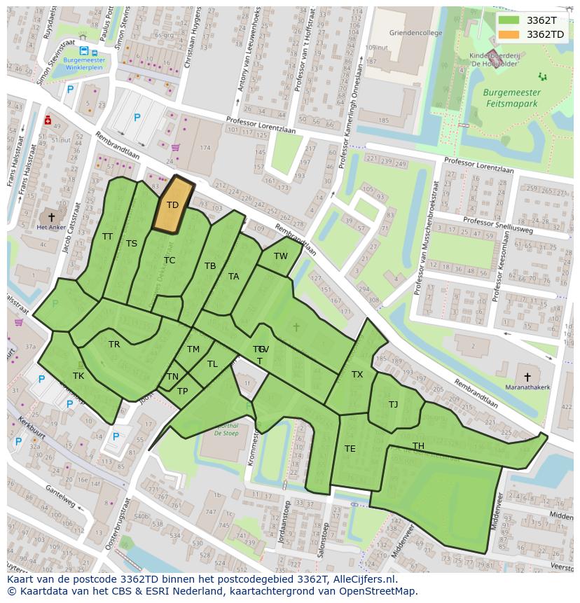 Afbeelding van het postcodegebied 3362 TD op de kaart.