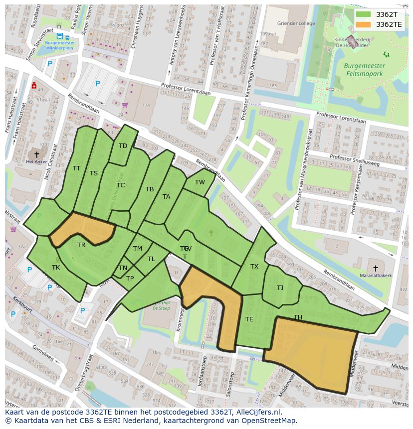 Afbeelding van het postcodegebied 3362 TE op de kaart.