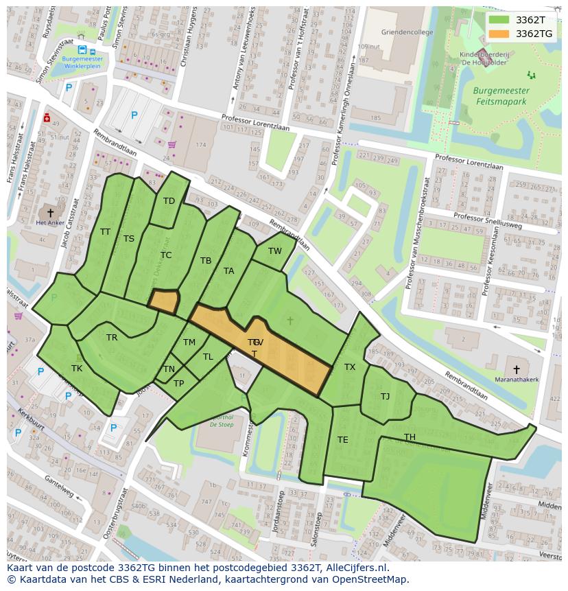Afbeelding van het postcodegebied 3362 TG op de kaart.