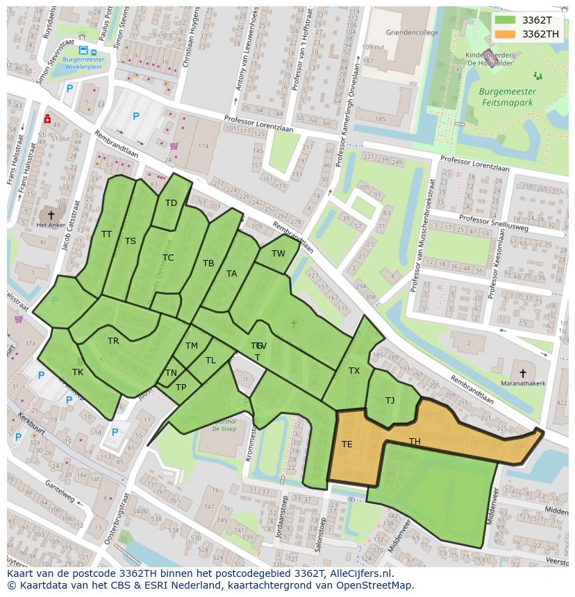 Afbeelding van het postcodegebied 3362 TH op de kaart.