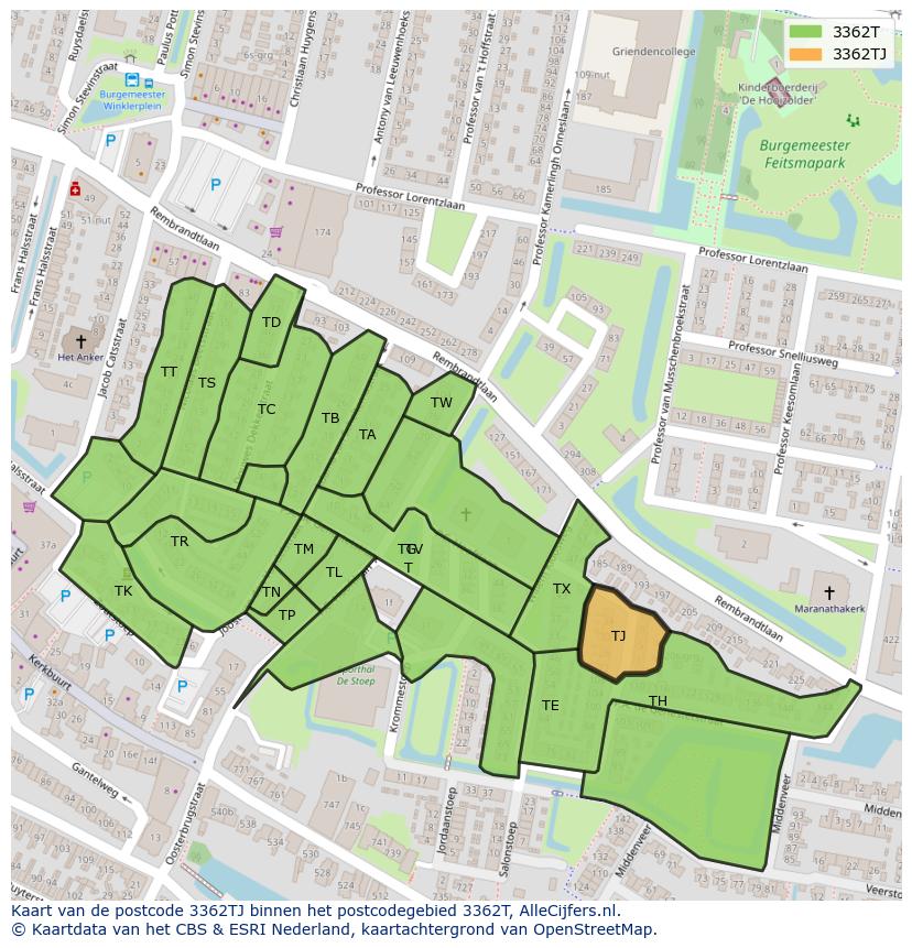 Afbeelding van het postcodegebied 3362 TJ op de kaart.