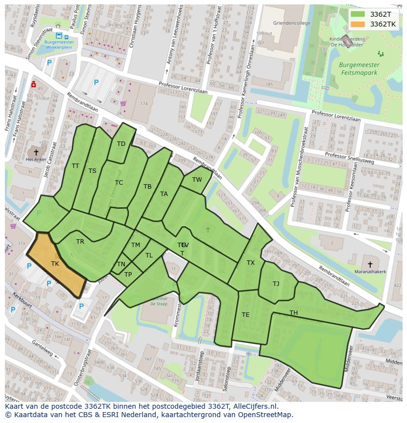Afbeelding van het postcodegebied 3362 TK op de kaart.