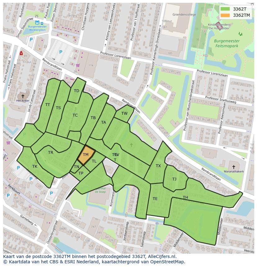 Afbeelding van het postcodegebied 3362 TM op de kaart.