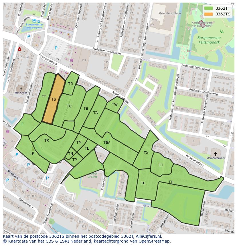 Afbeelding van het postcodegebied 3362 TS op de kaart.