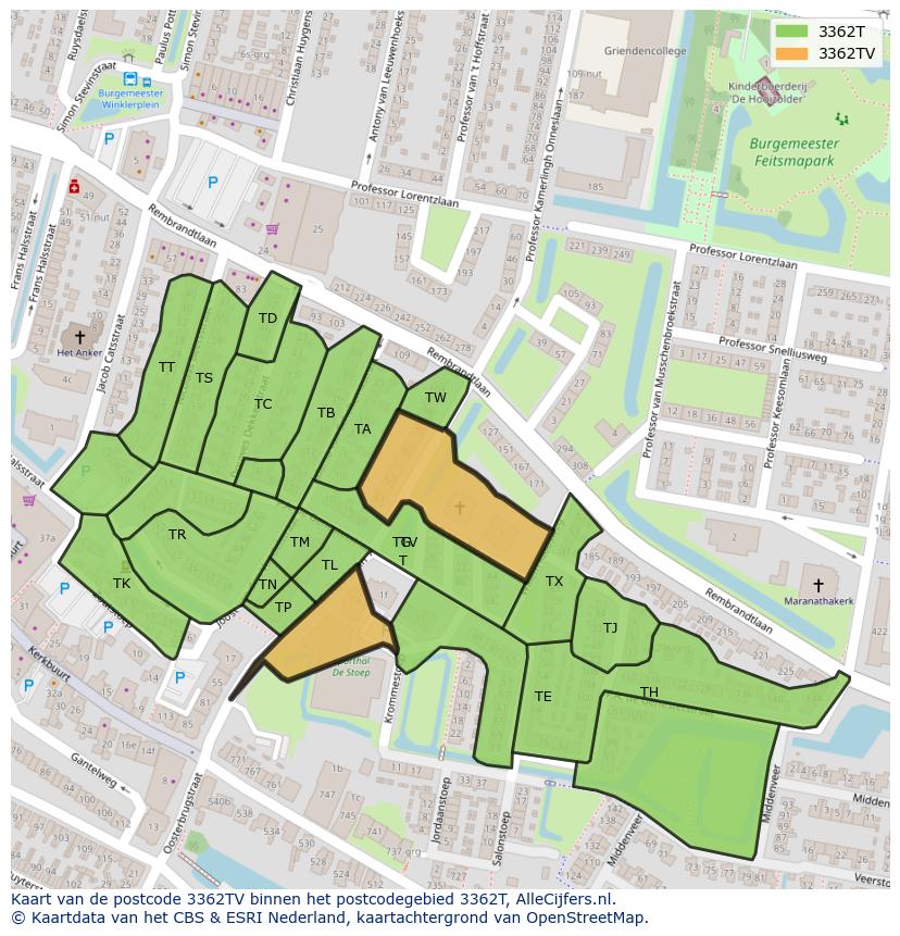 Afbeelding van het postcodegebied 3362 TV op de kaart.