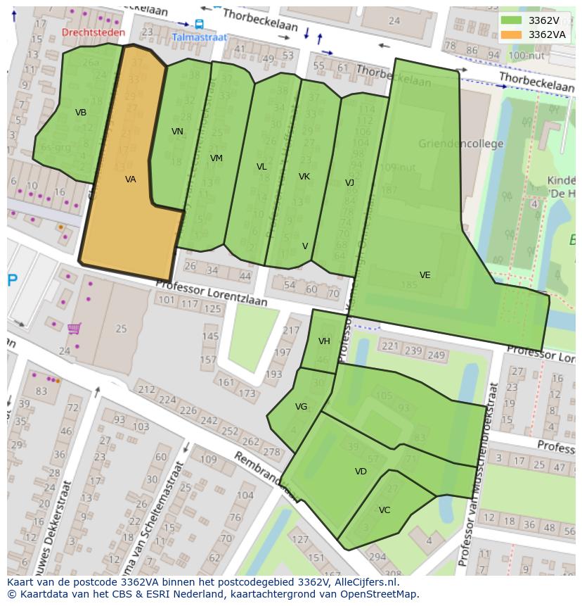 Afbeelding van het postcodegebied 3362 VA op de kaart.