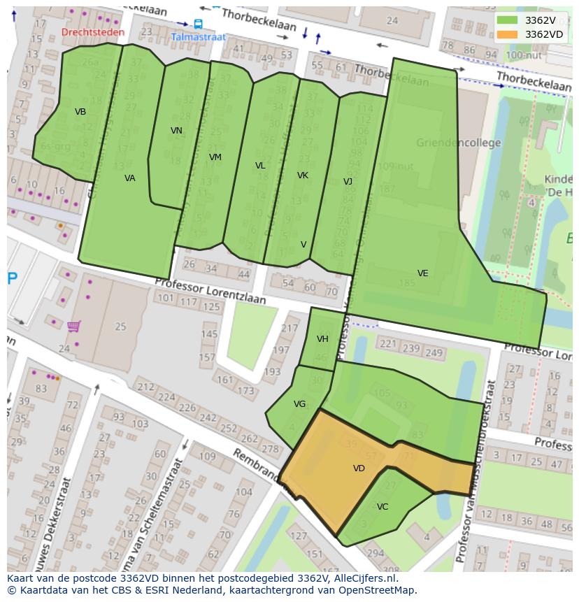 Afbeelding van het postcodegebied 3362 VD op de kaart.