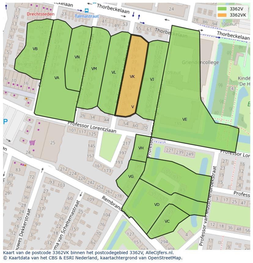Afbeelding van het postcodegebied 3362 VK op de kaart.