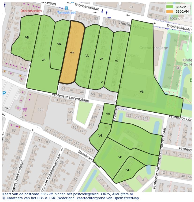 Afbeelding van het postcodegebied 3362 VM op de kaart.