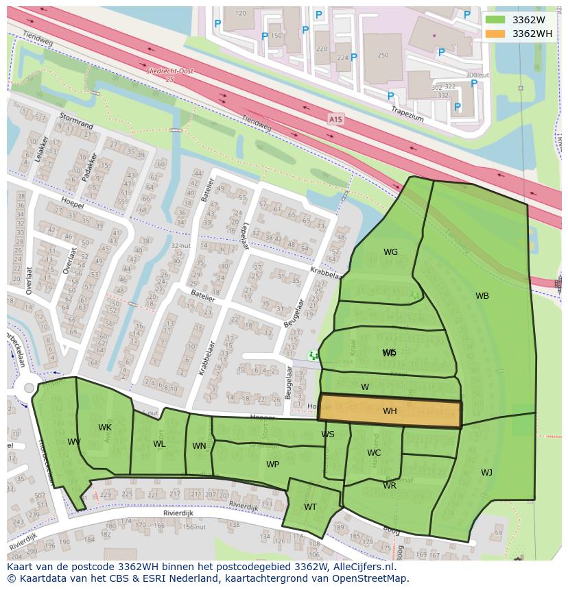 Afbeelding van het postcodegebied 3362 WH op de kaart.