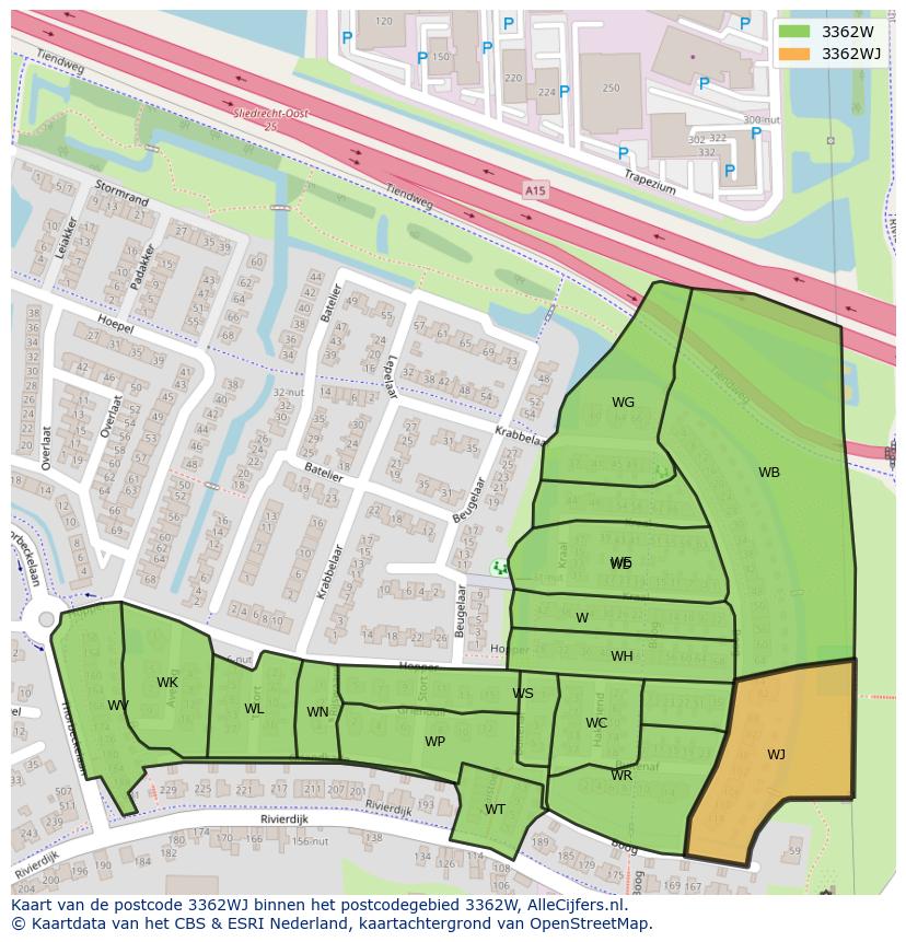 Afbeelding van het postcodegebied 3362 WJ op de kaart.