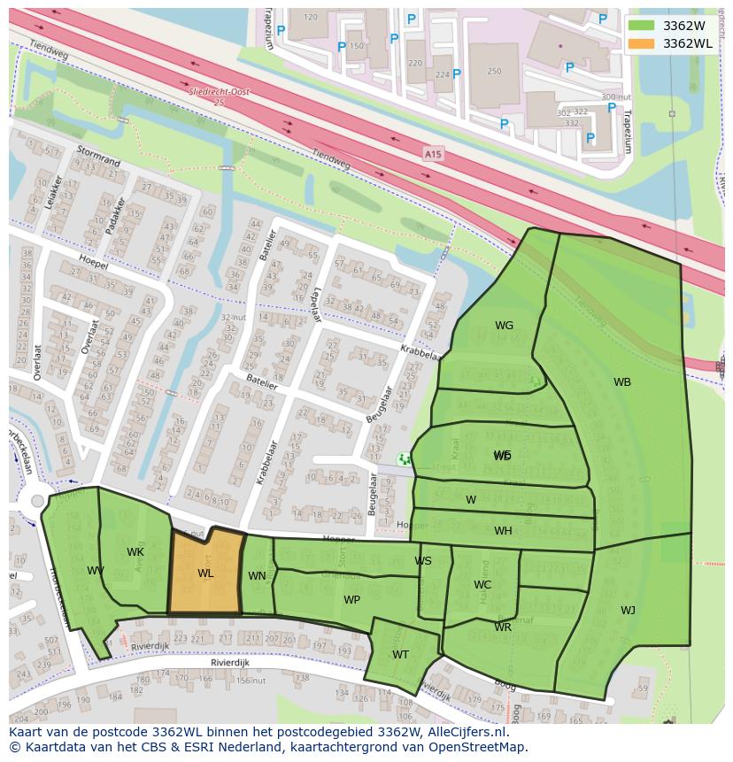 Afbeelding van het postcodegebied 3362 WL op de kaart.