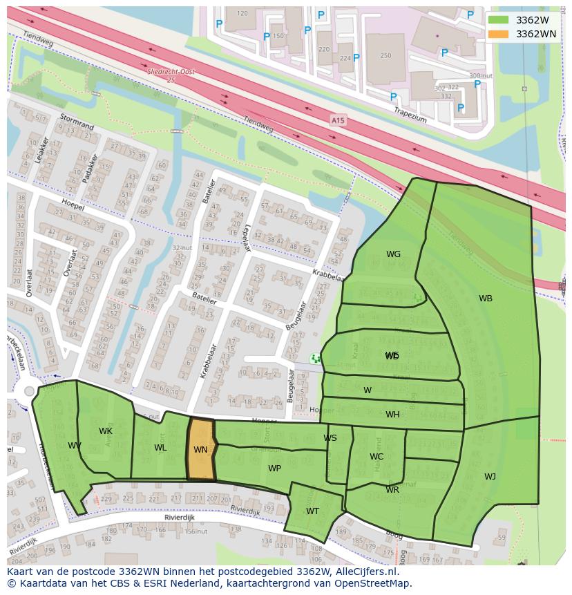 Afbeelding van het postcodegebied 3362 WN op de kaart.