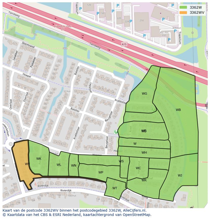 Afbeelding van het postcodegebied 3362 WV op de kaart.