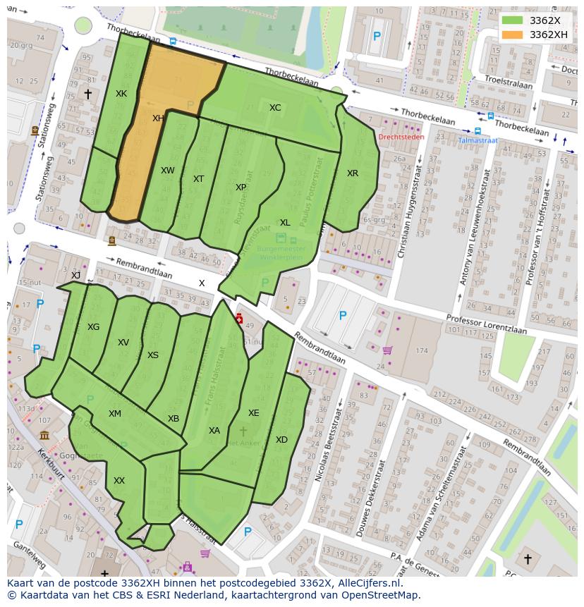 Afbeelding van het postcodegebied 3362 XH op de kaart.